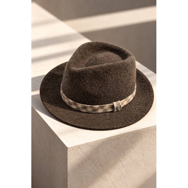 Chapeau bi matiere revers carreaux marron