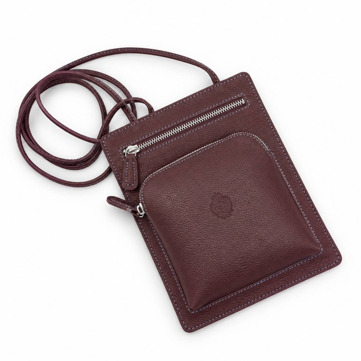 Pochette plate en cuir à 2 poches bordeaux navy .