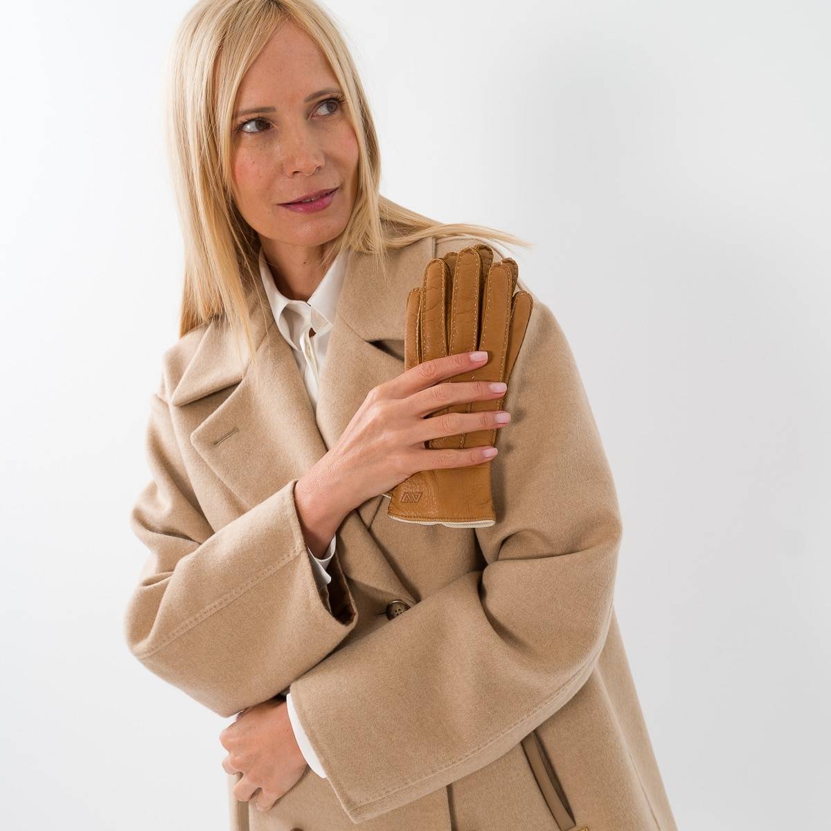 Gants en cerf et cashmere femme noisette écru naturel