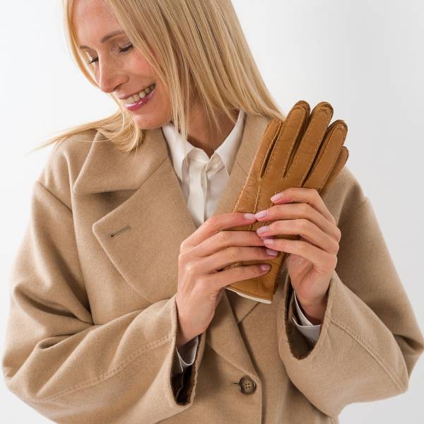 Gants en cerf et cashmere femme noisette écru naturel