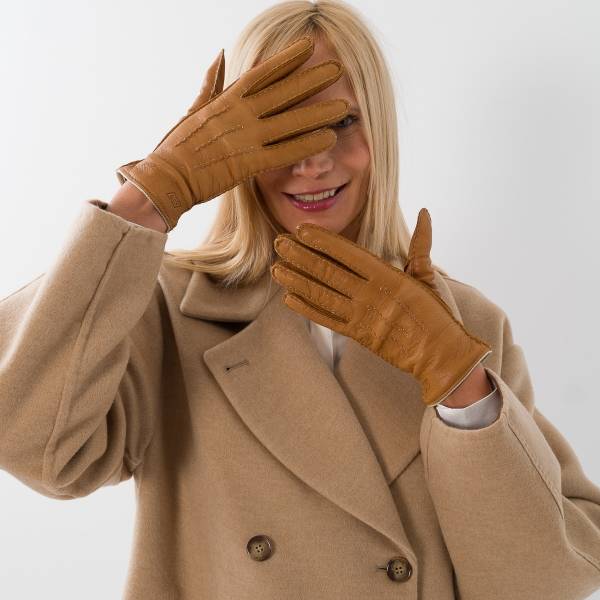 Gants en cerf et cashmere femme noisette écru naturel
