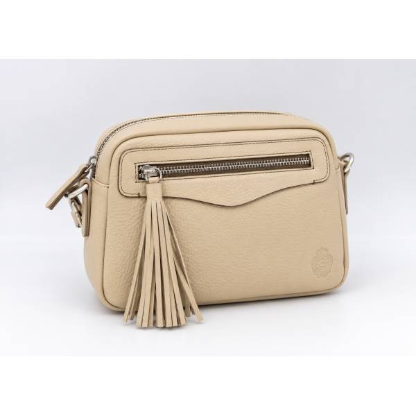 Sac bandoulière en cuir pompon beige taupe .