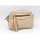 Sac bandoulière en cuir pompon beige taupe . Sac bandoulière en cuir pompon beige taupe .