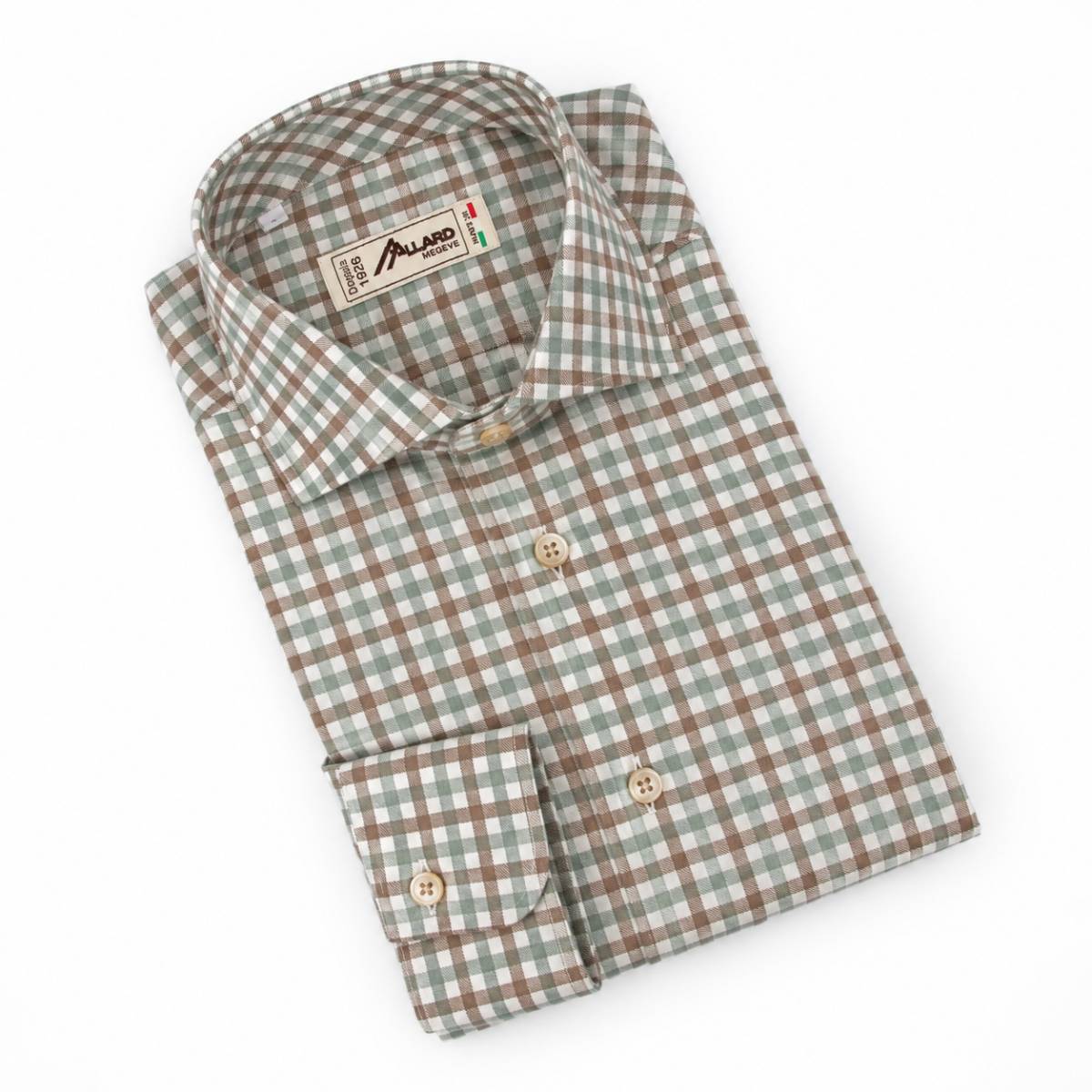 Chemise en coton petit carreaux écru vert marron