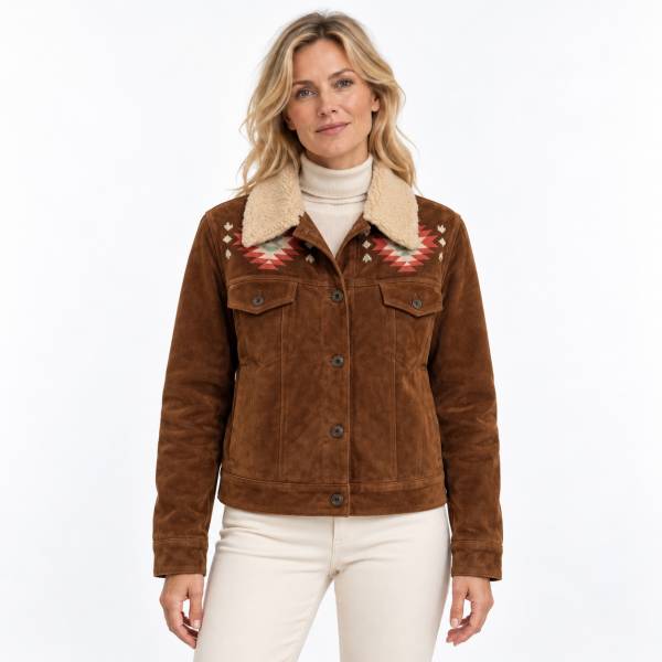 Blouson suede broderie indien acajou écru
